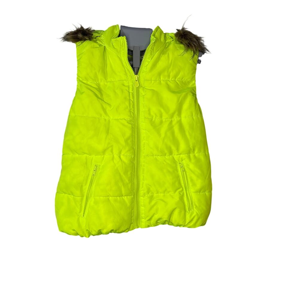Justice Lime Green Puffer Vest with Faux Fur Hood Girl Sz 14